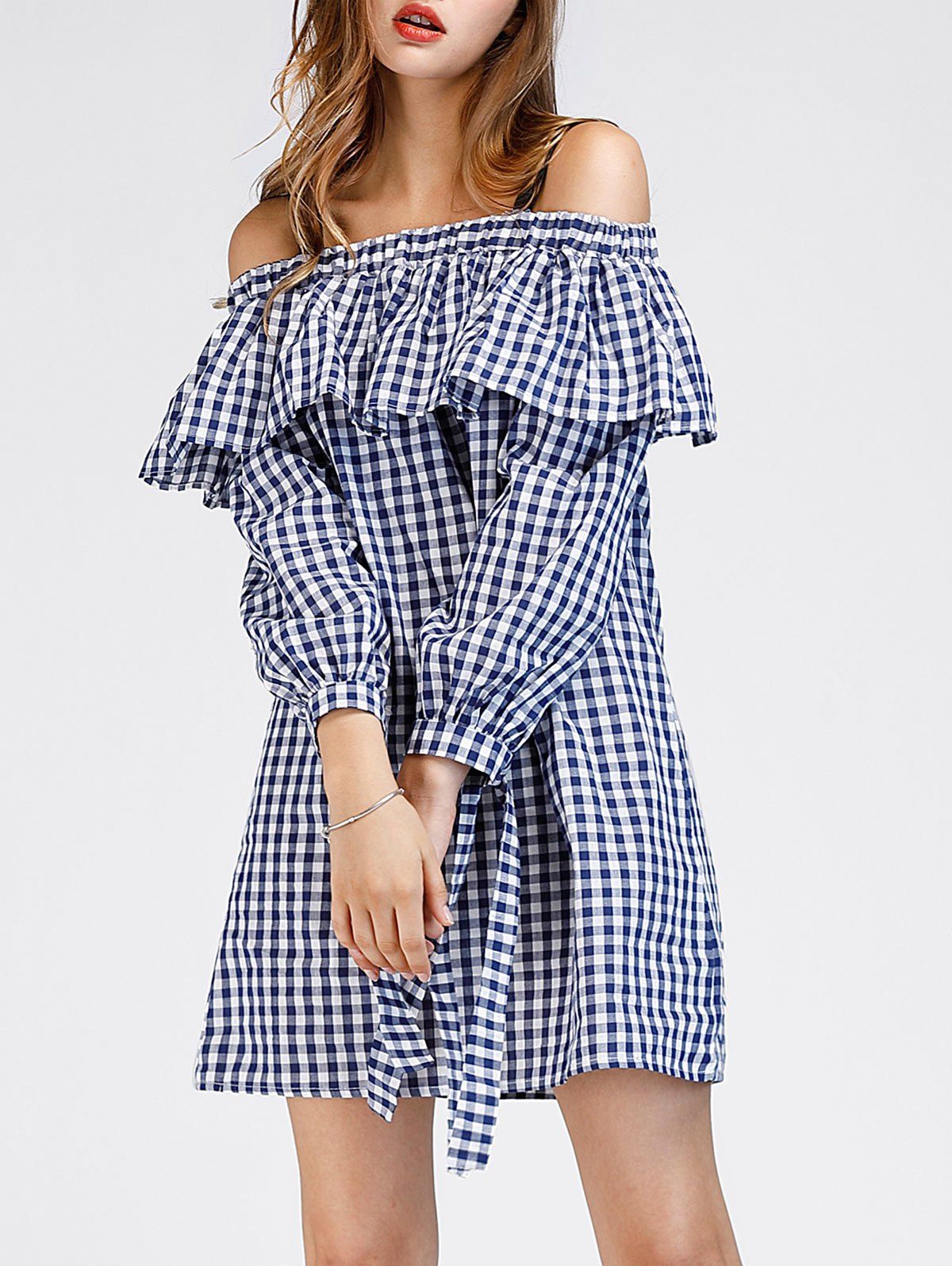 Plaid Cold Shoulder Mini Shift Dress, Blue