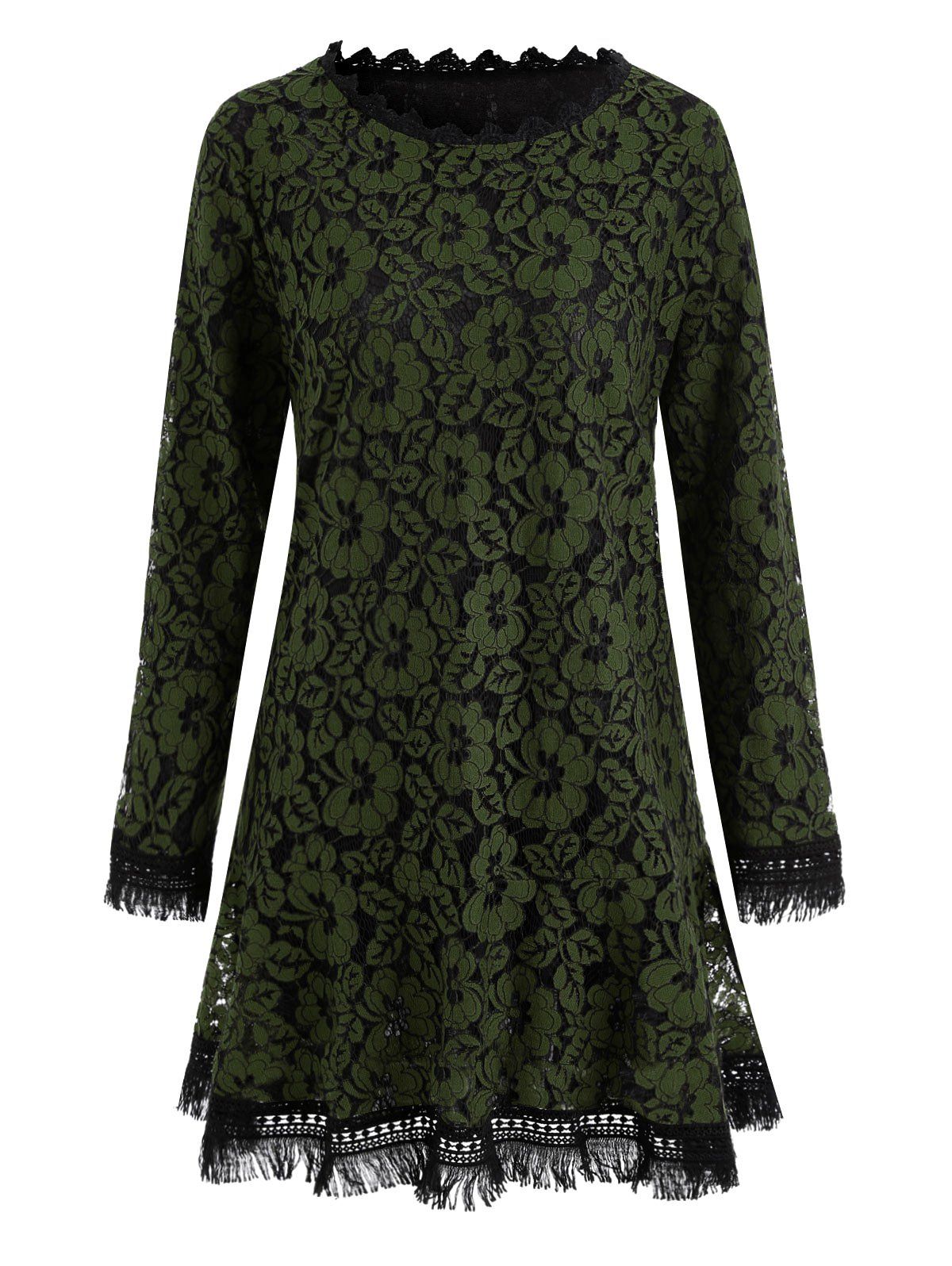 

Fringed Plus Size Mini Floral Lace Dress, Black and green