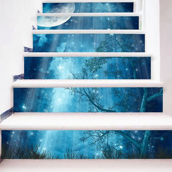 Autocollant d'Escalier Motif de 3D Forêt Lune et de Ciel Etoilé - Bleu 6PCS:39*7 INCH( NO FRAME )