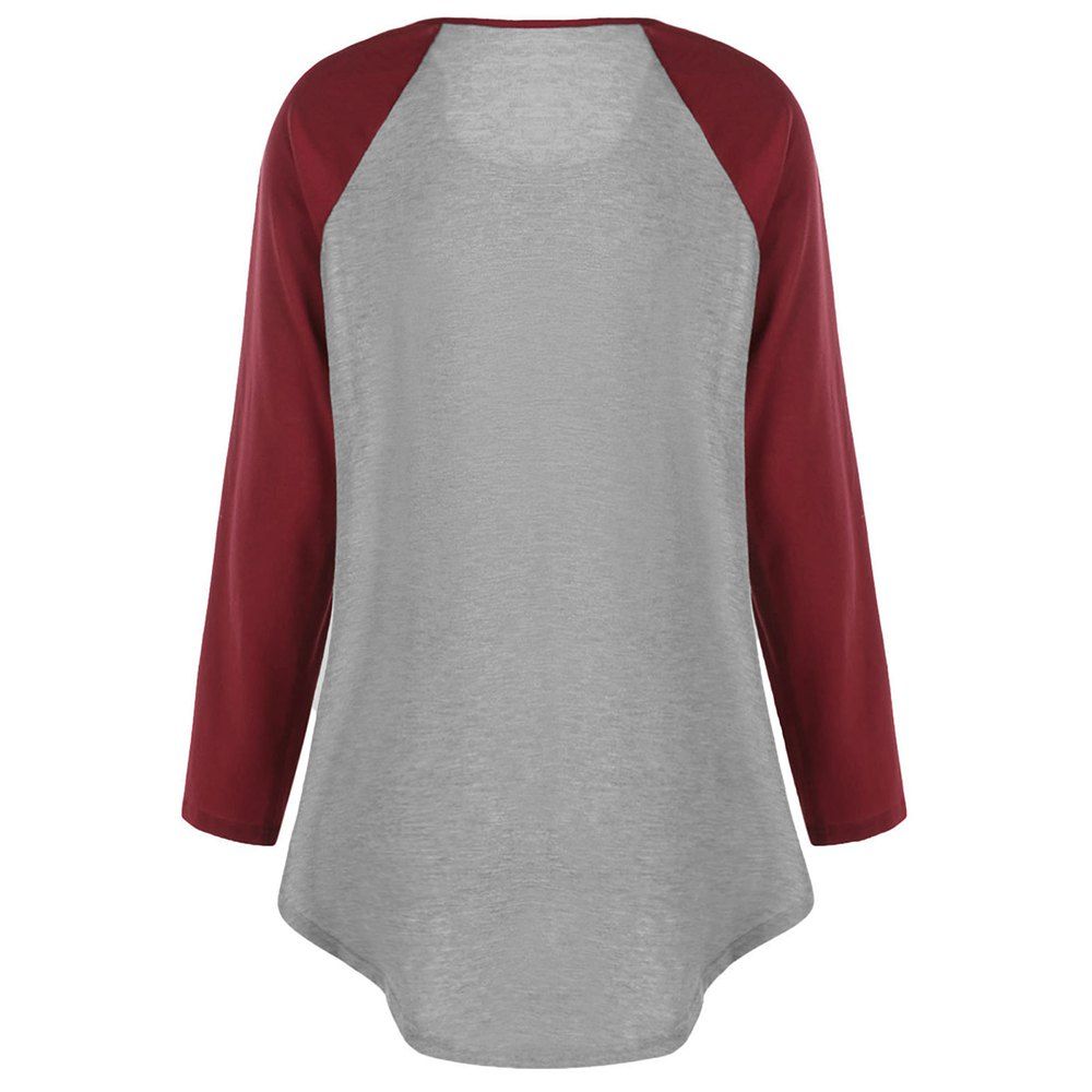 

Plus Size Two Tone Raglan Sleeve T-shirt with Buttons, Gray and red