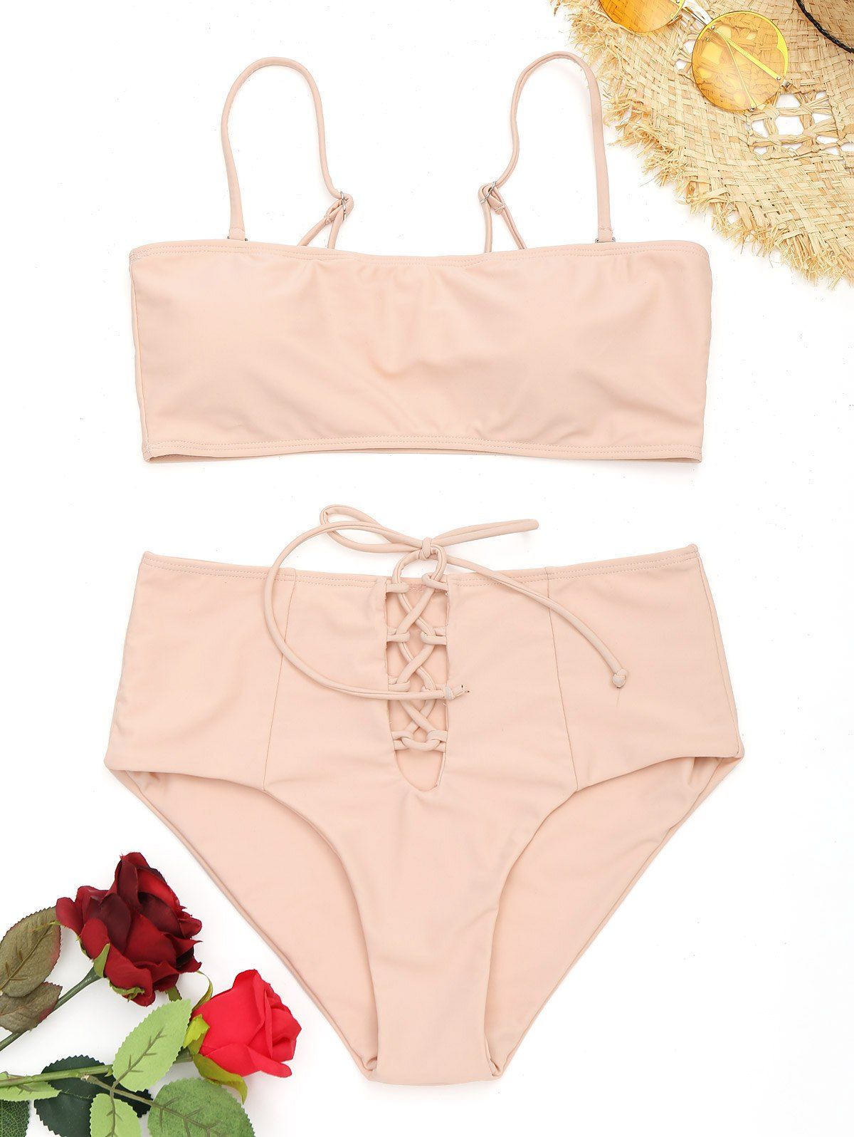 

High Waisted Lace Up Cami Bikini, Pinkbeige