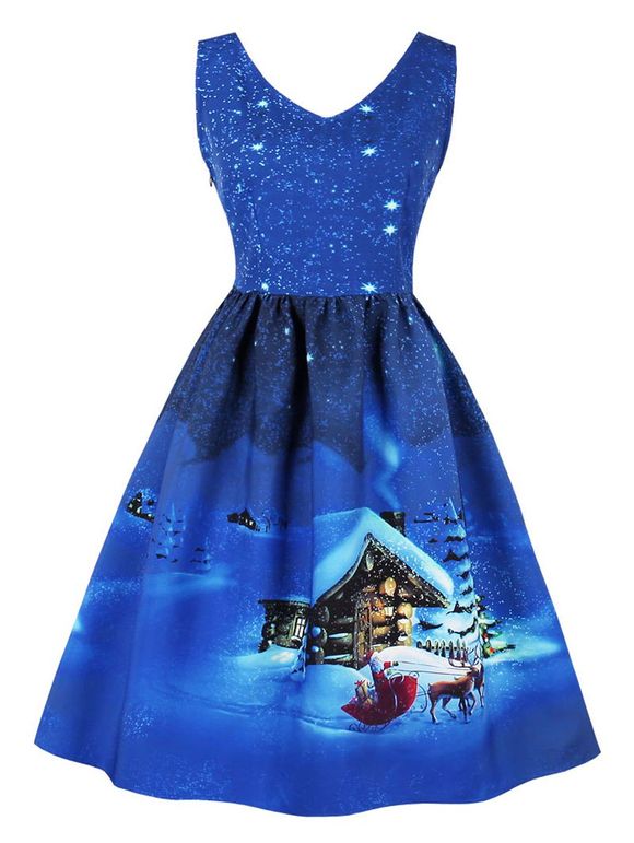 Robe de Noël Vintage Imprimé Chalet Neigé sous Ciel Étoilé - Azuré XL