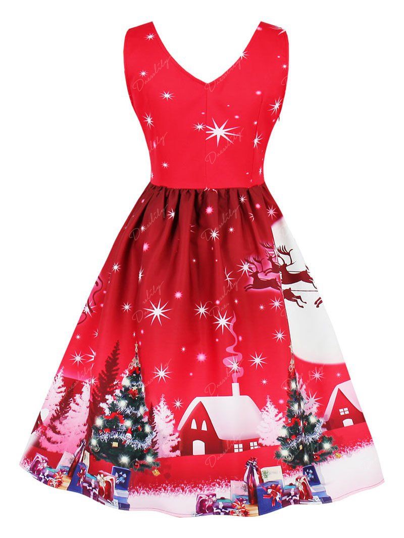 2018 Vintage Christmas Snowflake Tree Print Pin Up Dress RED M In ...