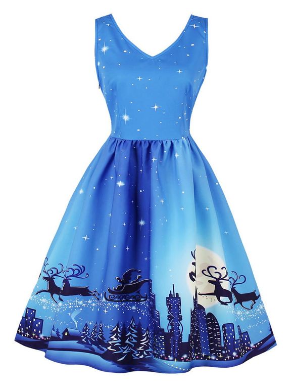Robe Patineuse Vintage Imprimé Nuit de Noël Étoilée - Bleu Ciel S