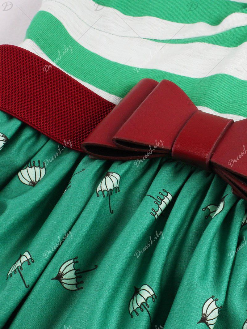 2018 Vintage Bowknot Striped Printed Pin Up Dress GREEN XL In Vintage
