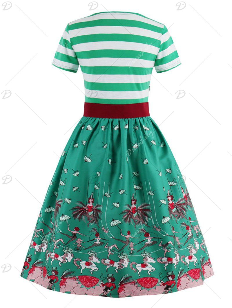 2018 Vintage Bowknot Striped Printed Pin Up Dress GREEN XL In Vintage
