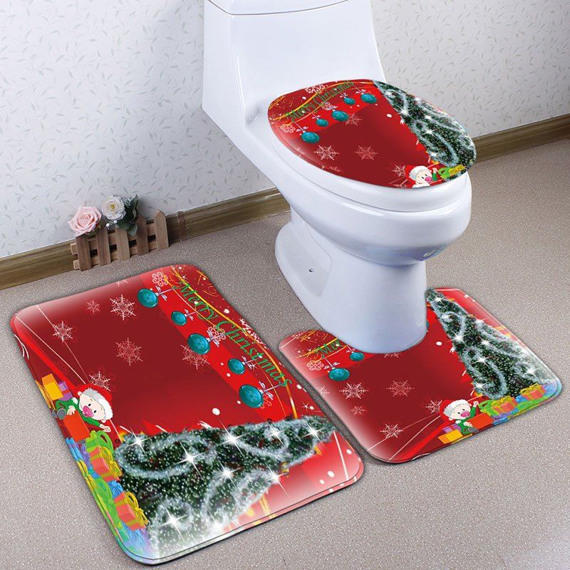 2018 3Pcs Flannel Christmas Printed Toilet Bath Rugs Set RED In Toilet Covers \u0026 Mats Online 