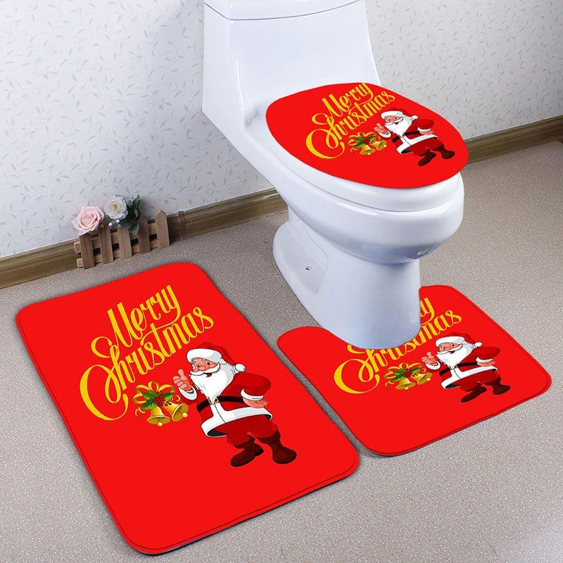 

Santa Claus Letter Print Christmas 3Pcs Flannel Bath Toilet Mats Set, Red