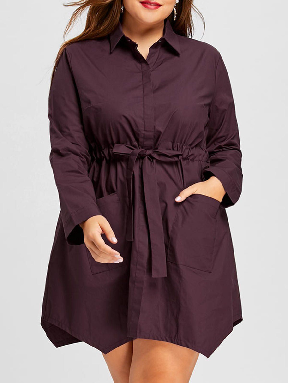 

Self Tie Long Plus Size Asymmetric Shirt, Wine red