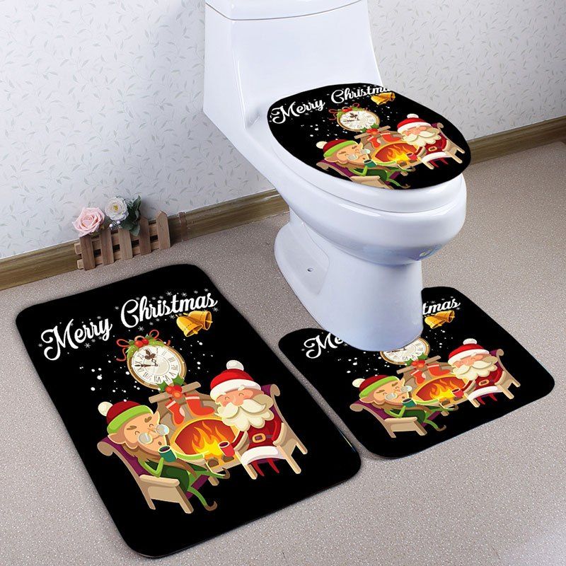 

Christmas Printed 3Pcs Flannel Toilet Bath Rugs Set, Black