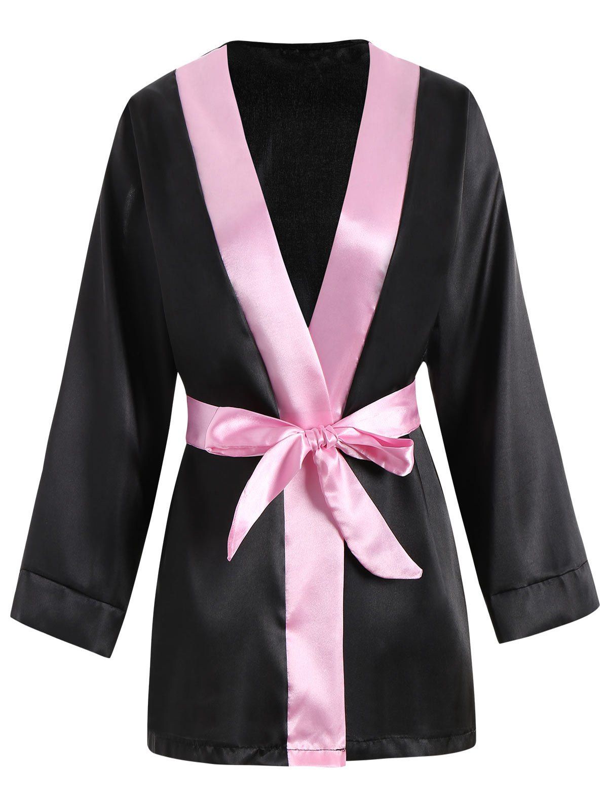 

Two Tone Long Sleeve Wrap Sleep Robe, Black