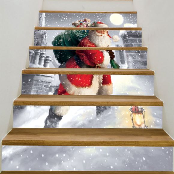 Autocollants d'Escalier Motif Père Noël Marchant dans la Neige - Rouge et Blanc 6PCS:39*7 INCH( NO FRAME )