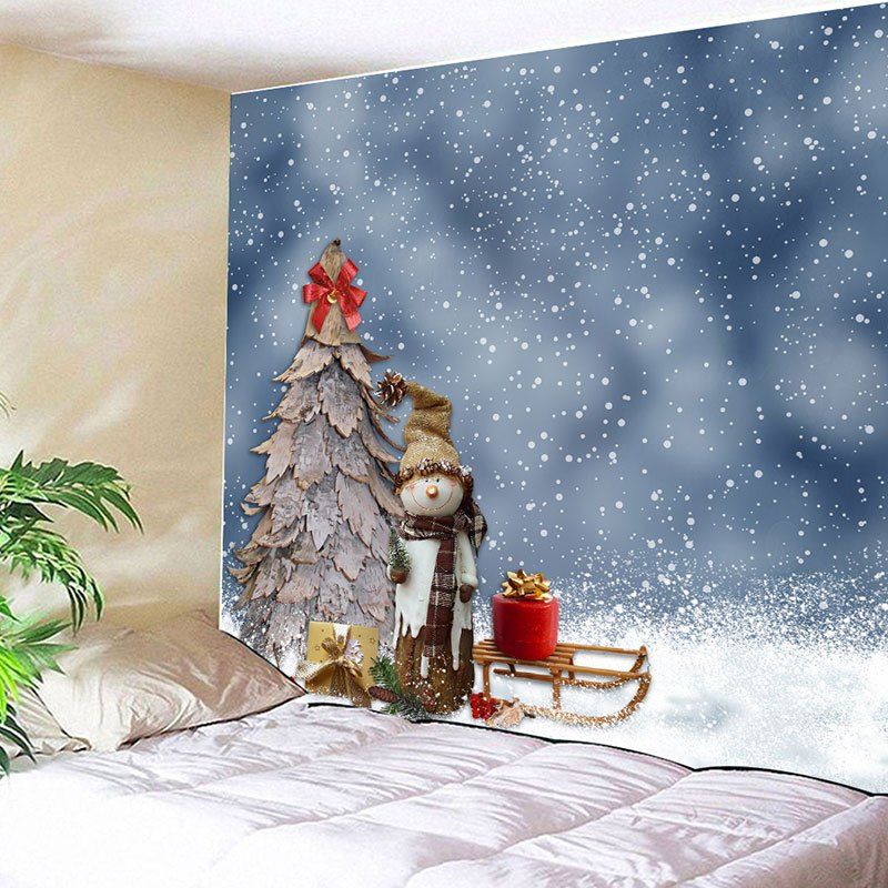 

Straw Hat Snowman and Wood Christmas Tree Wall Art Tapestry, Blue gray