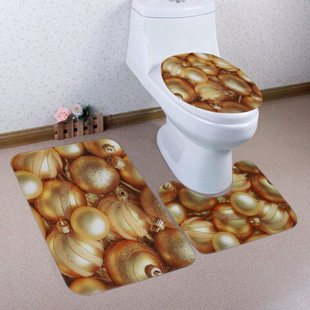 

Christmas Balls Pattern 3 Pcs Bathroom Toilet Mat, Golden
