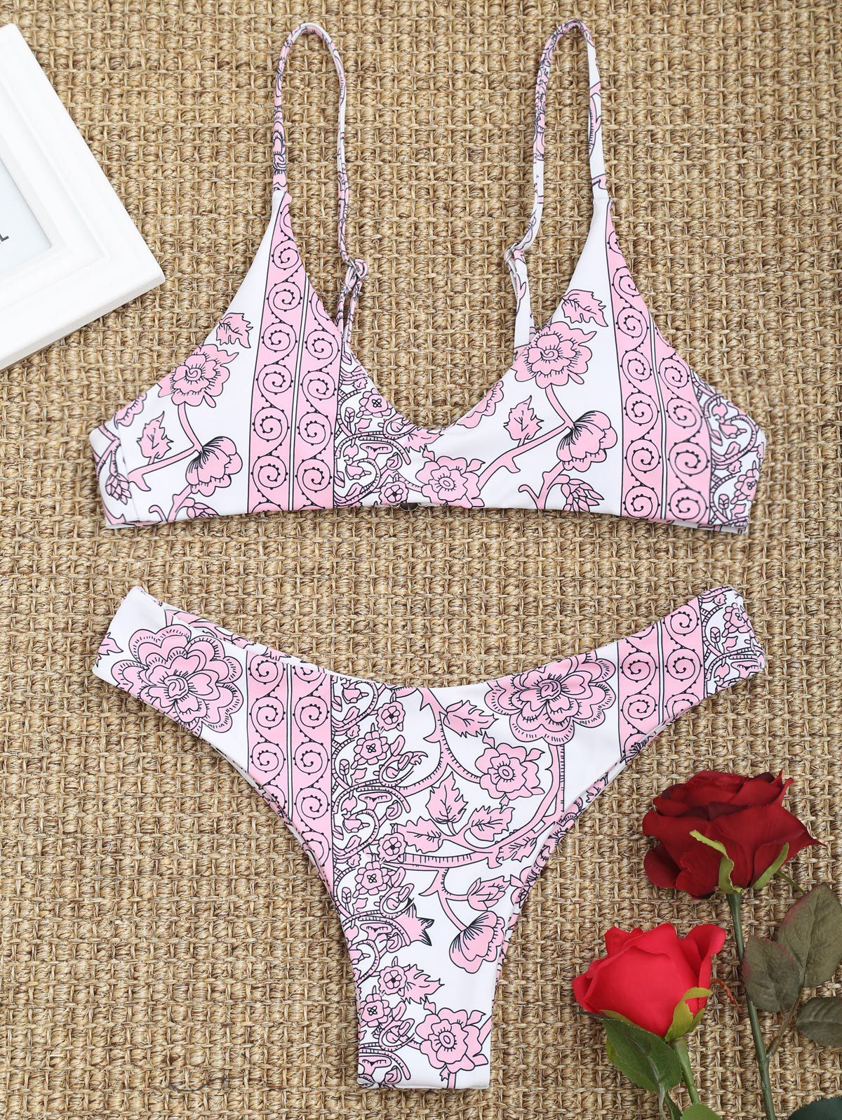 

Printed Cami Thong Bikini, Pink