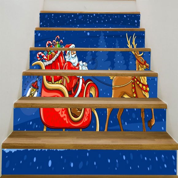 Autocollants d'Escalier Imprimé Élan et Père Noël dans son Traîneau - Bleu et Rouge 6PCS:39*7 INCH( NO FRAME )