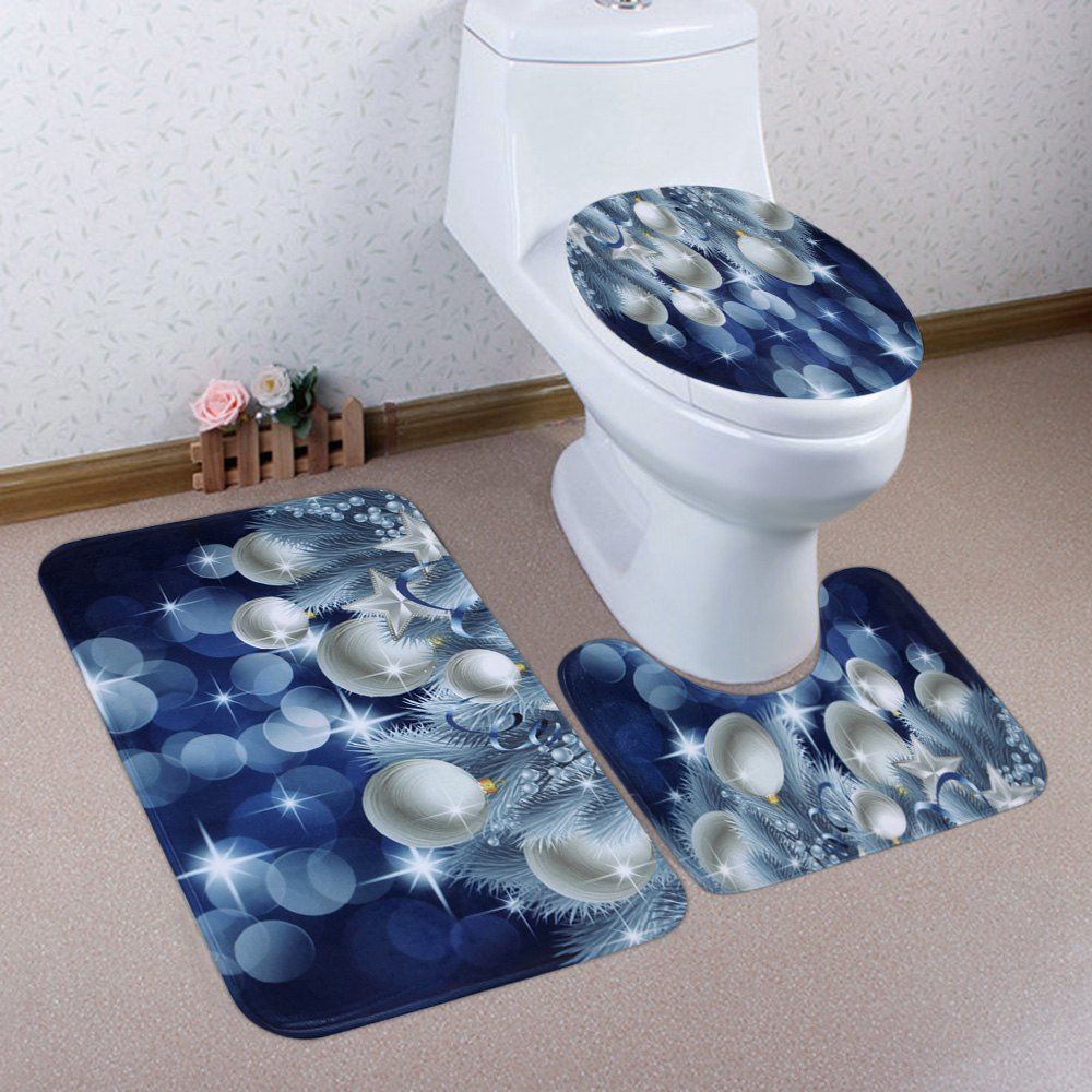 

Christmas Star Baubles Pattern 3 Pcs Bathroom Toilet Mat, Blue