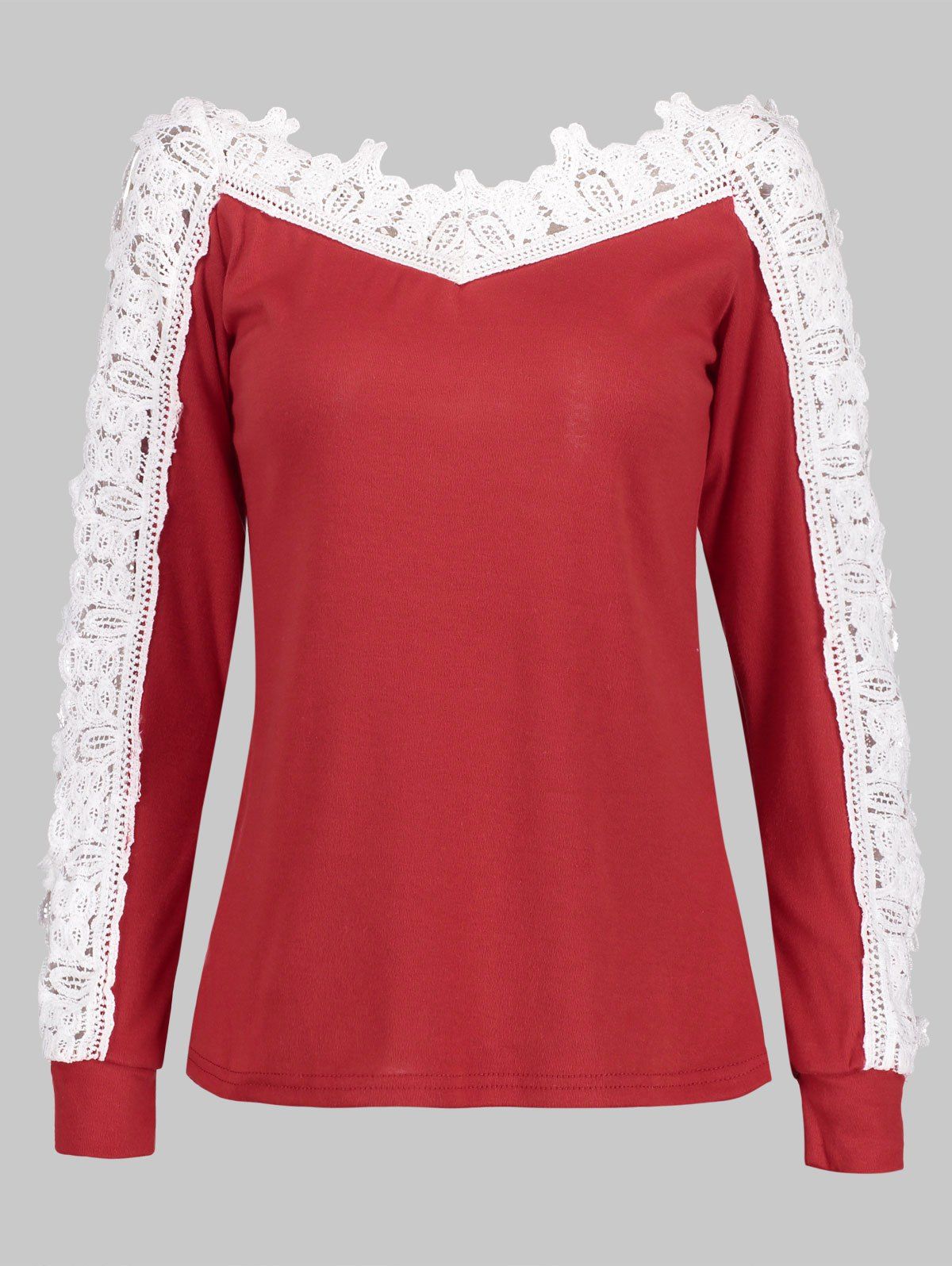 

V-neck Crochet Hollow Out Sleeve Blouse, Red