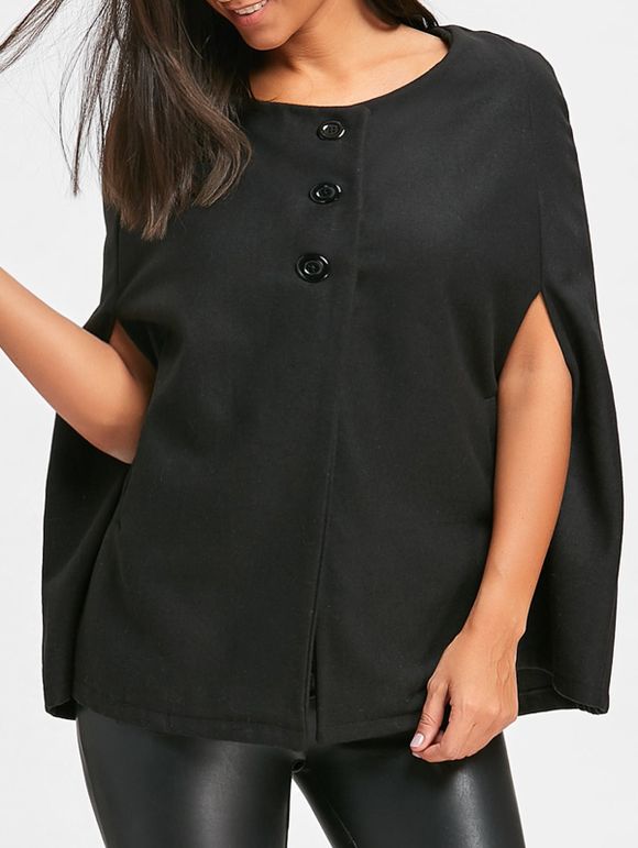 Manteau boutonné en laine à capuche en laine - Noir XL