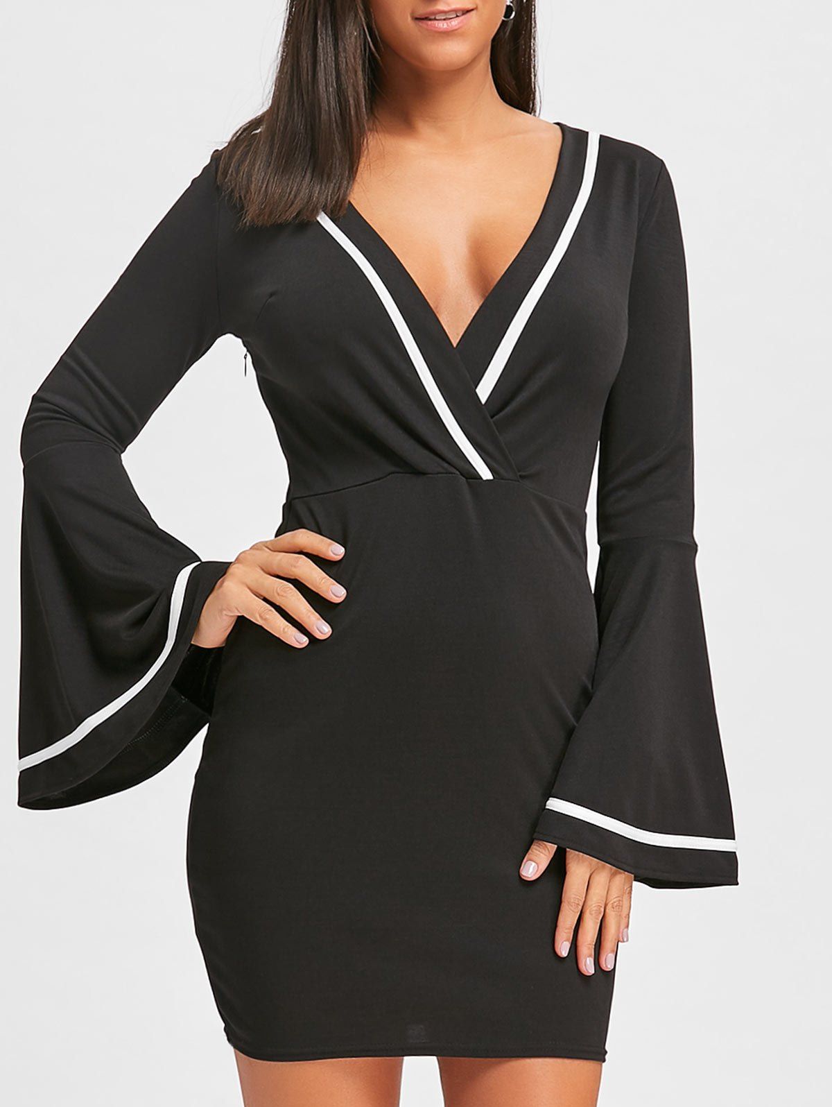

Plunging Neckline Flare Sleeve Bodycon Mini Dress, Black