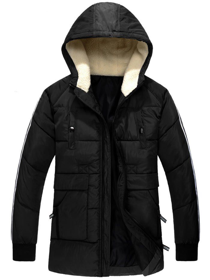 

Side Stripe Zipper Up Hooded Padded Coat, Black