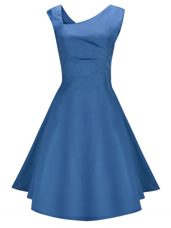 Robe de Soirée Pin-Up à Encolure en Biais Style Vintage - Bleu L