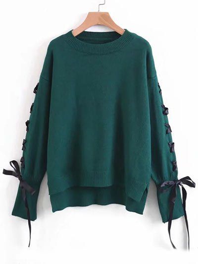 

Drop Shoulder Lace Up High Low Sweater, Blackish green