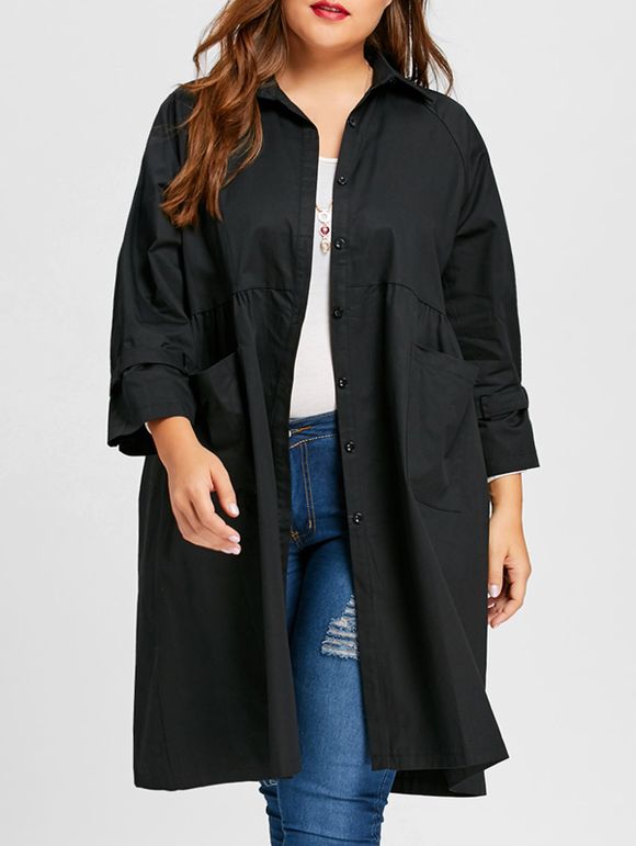 Manteau Long avec Boutons Grande-Taille - Noir 5XL