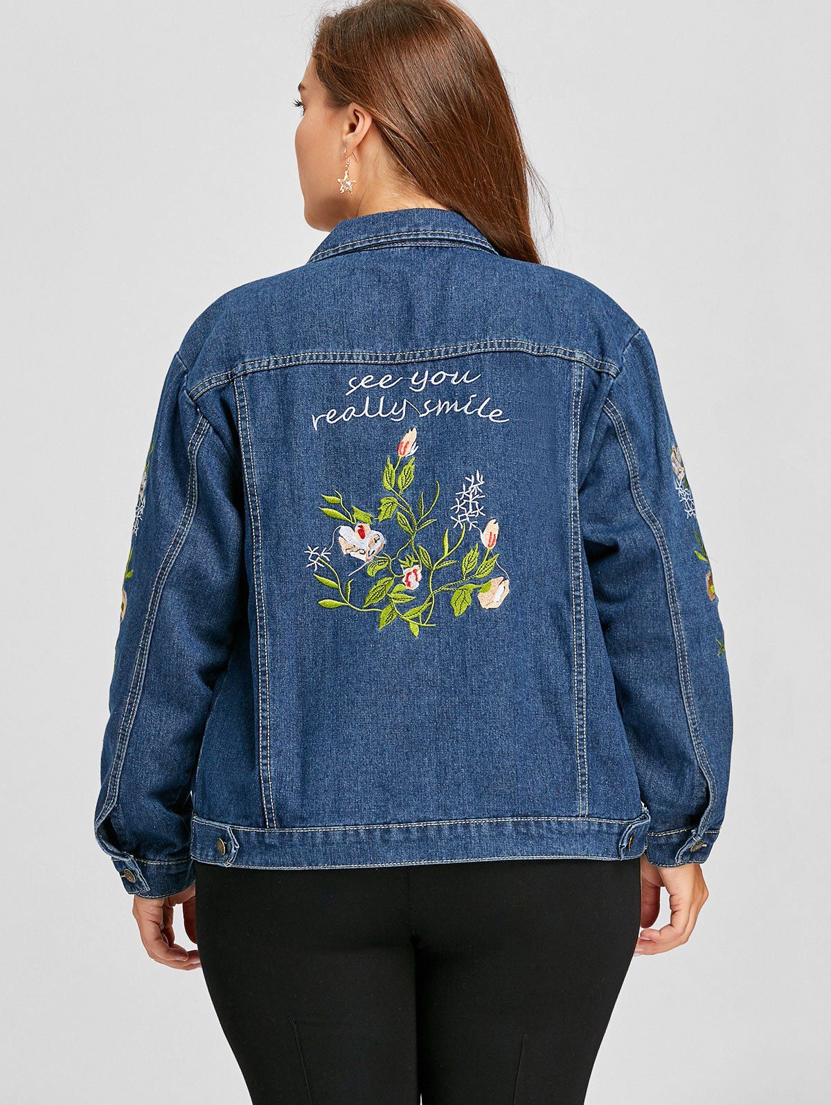 2018 Plus Size Floral Letter Embroidered Denim Jacket DENIM BLUE XL In ...