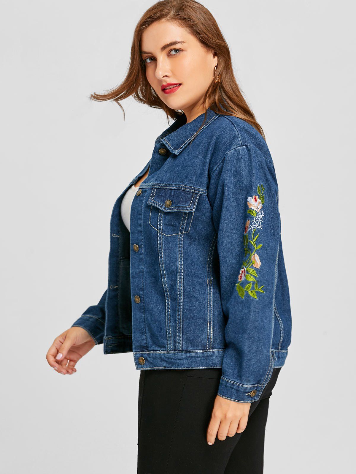 2018 Plus Size Floral Letter Embroidered Denim Jacket DENIM BLUE XL In ...
