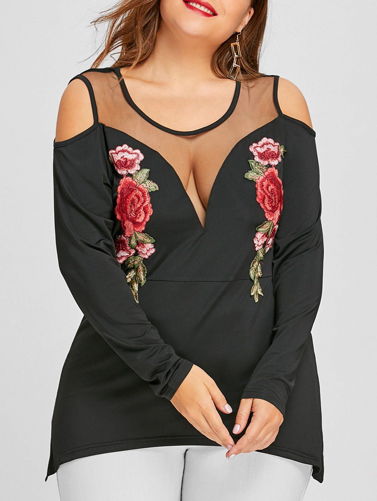 

Cold Shoulder Floral Embroidered Plus Size Tee, Black
