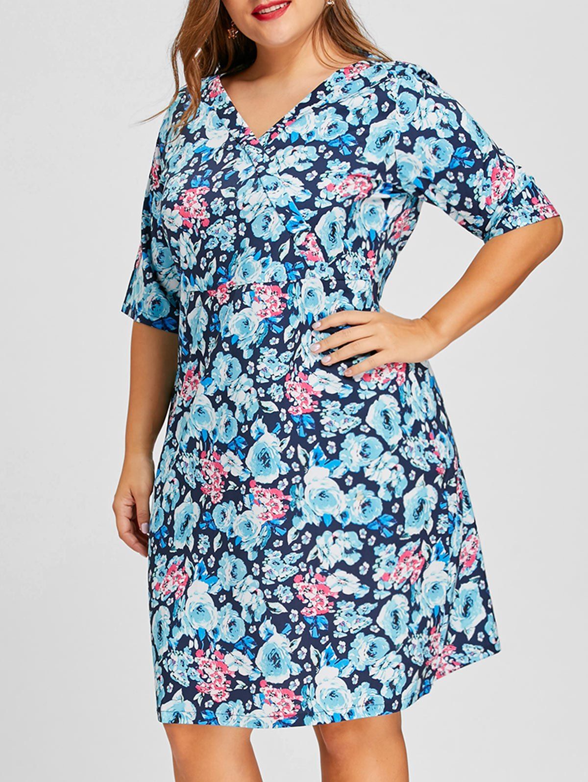 

V Neck Plus Size Floral Printed Dress, Cerulean
