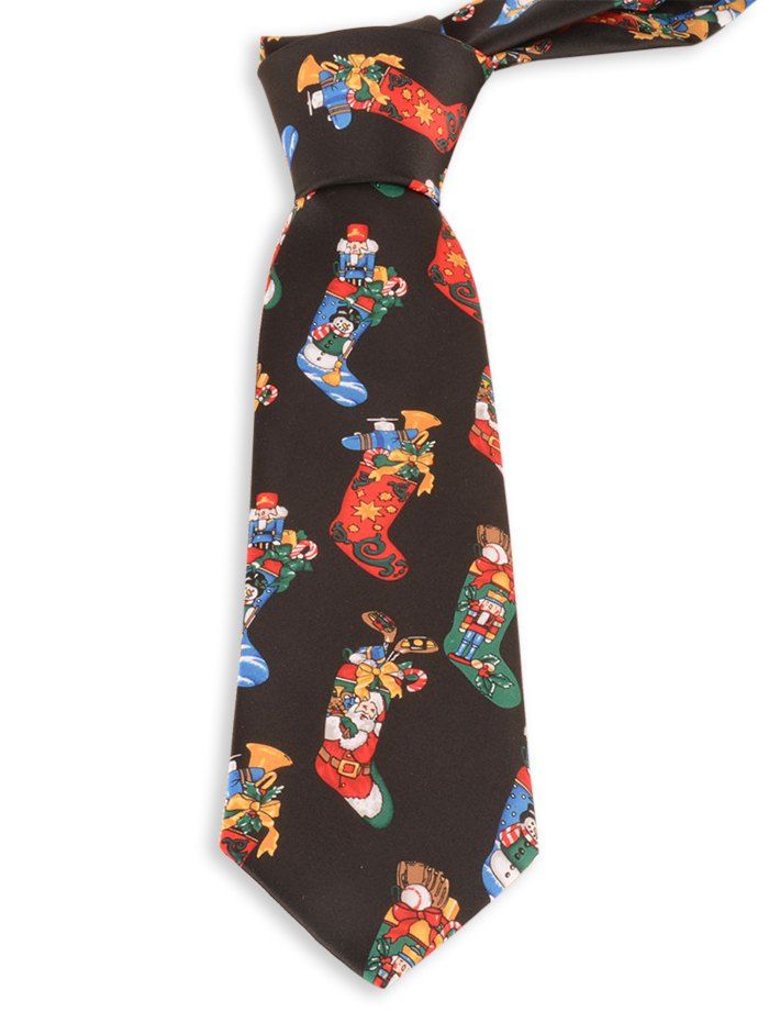 

8.5CM Width Christmas Socks Pattern Faux Silk Necktie, Black