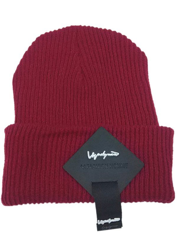 

Square Letter Label Embellished Crochet Knitted Beanie, Wine red