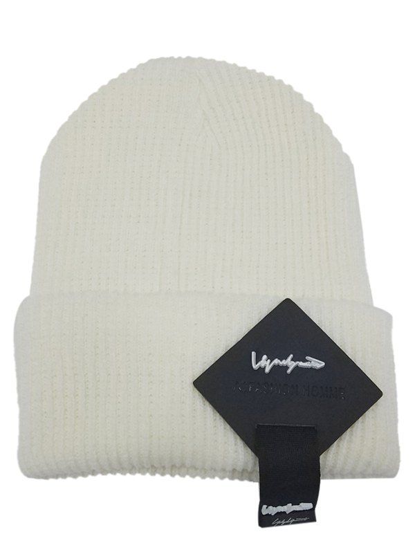 

Square Letter Label Embellished Crochet Knitted Beanie, White