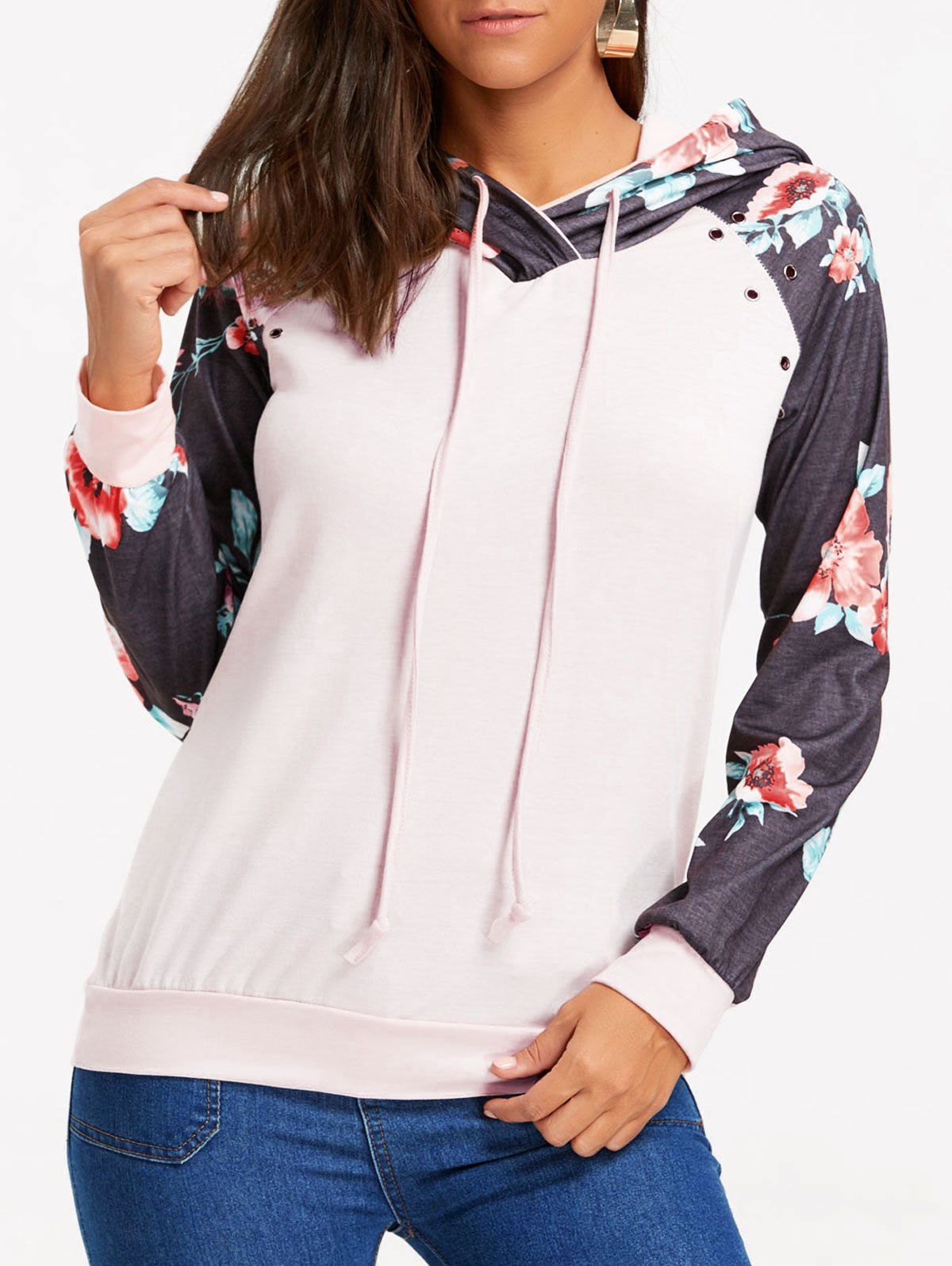 

Casual Floral Raglan Sleeve Hoodie, Pink