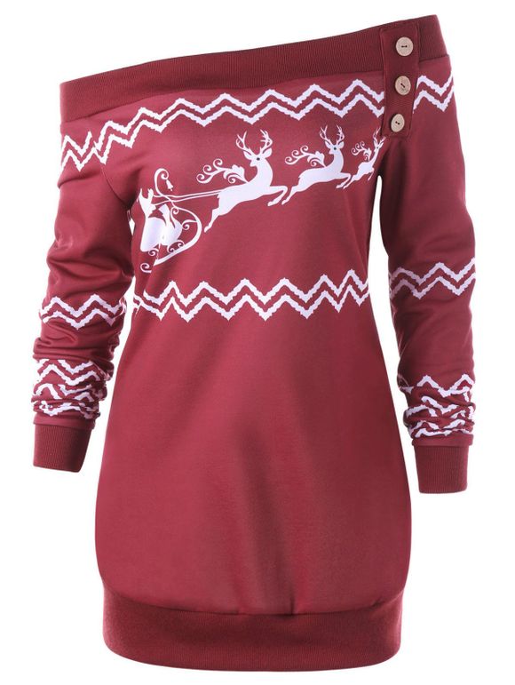 Sweatshirt de Noël avec Col en Biais Motif Zigzag Cerf Grande Taille - Rouge 2XL