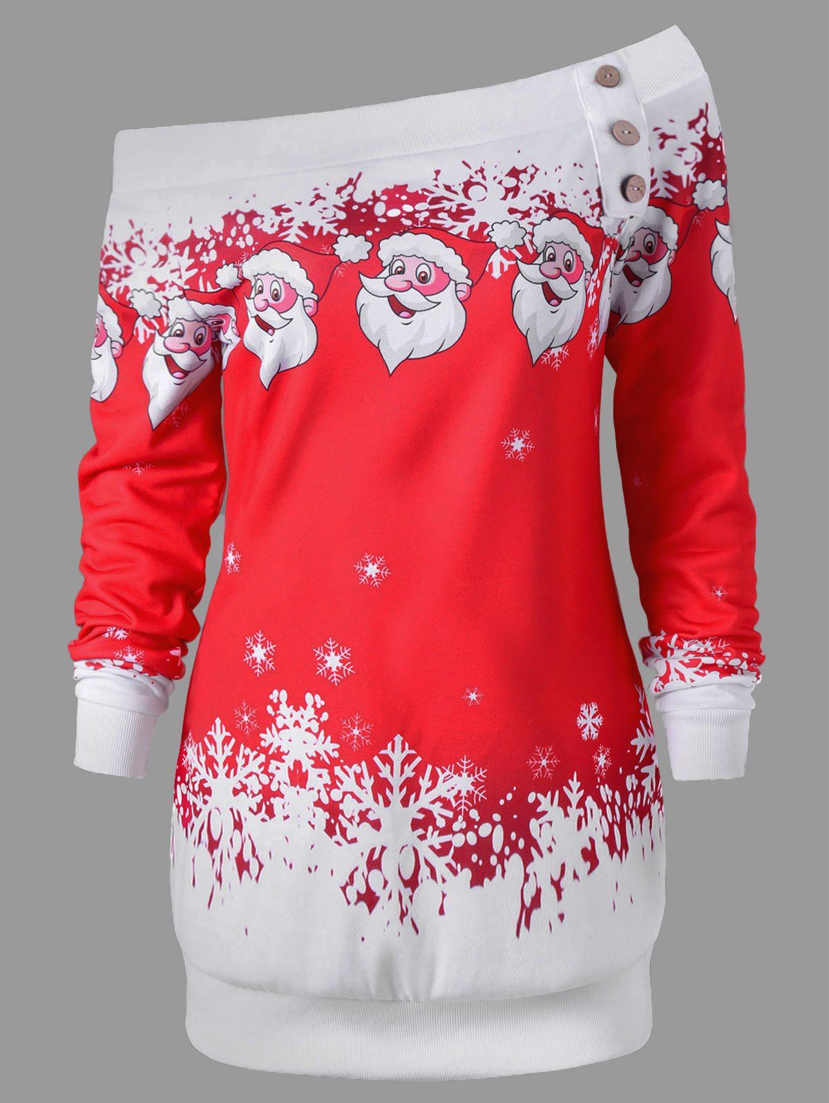 

Skew Neck Santa Claus Snowflake Pullover Christmas Sweatshirt, Red