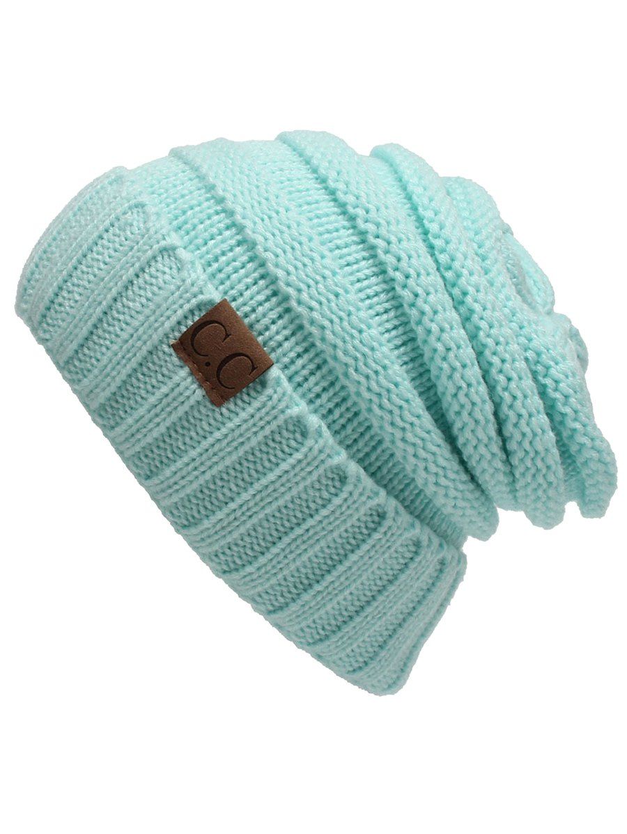 

Outdoor CC Label Embellished Flanging Knitted Slouchy Beanie, Light green