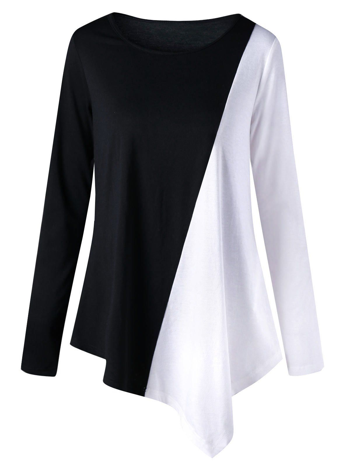 

Two Tone Color Long Sleeve Asymmetric Top, White and black