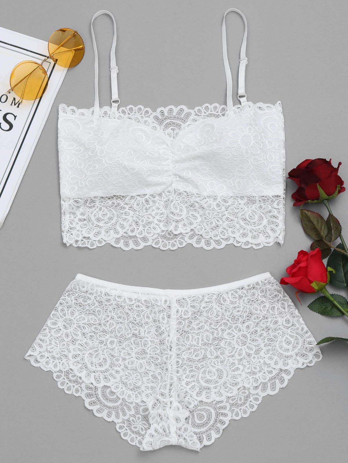 

Sheer Crochet Lace Bra Top and Panties Set, White