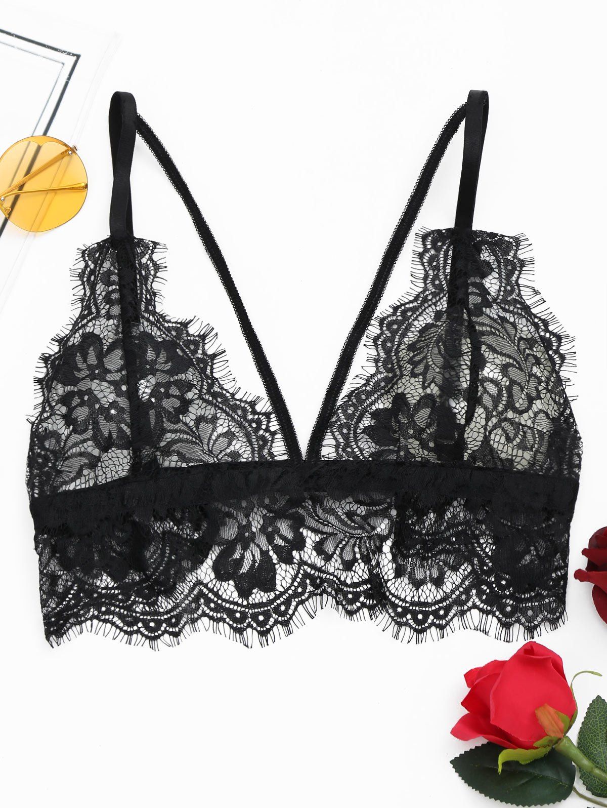 

Low Cut Eyelash Caged Lace Bralette, Black