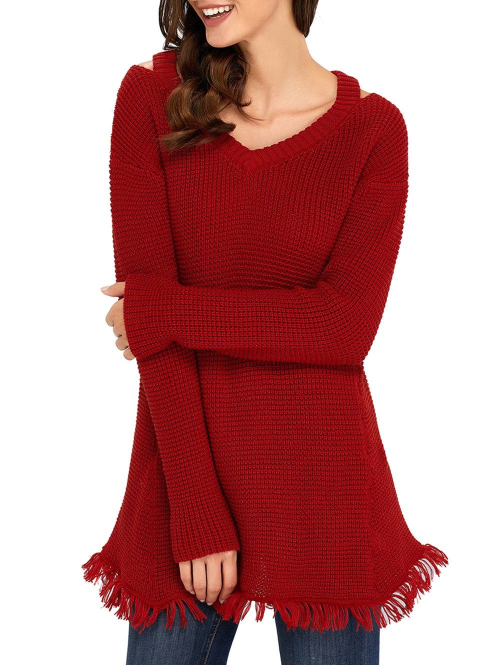 

V Neck Frayed Hem Cut Out Tunic Sweater, Red