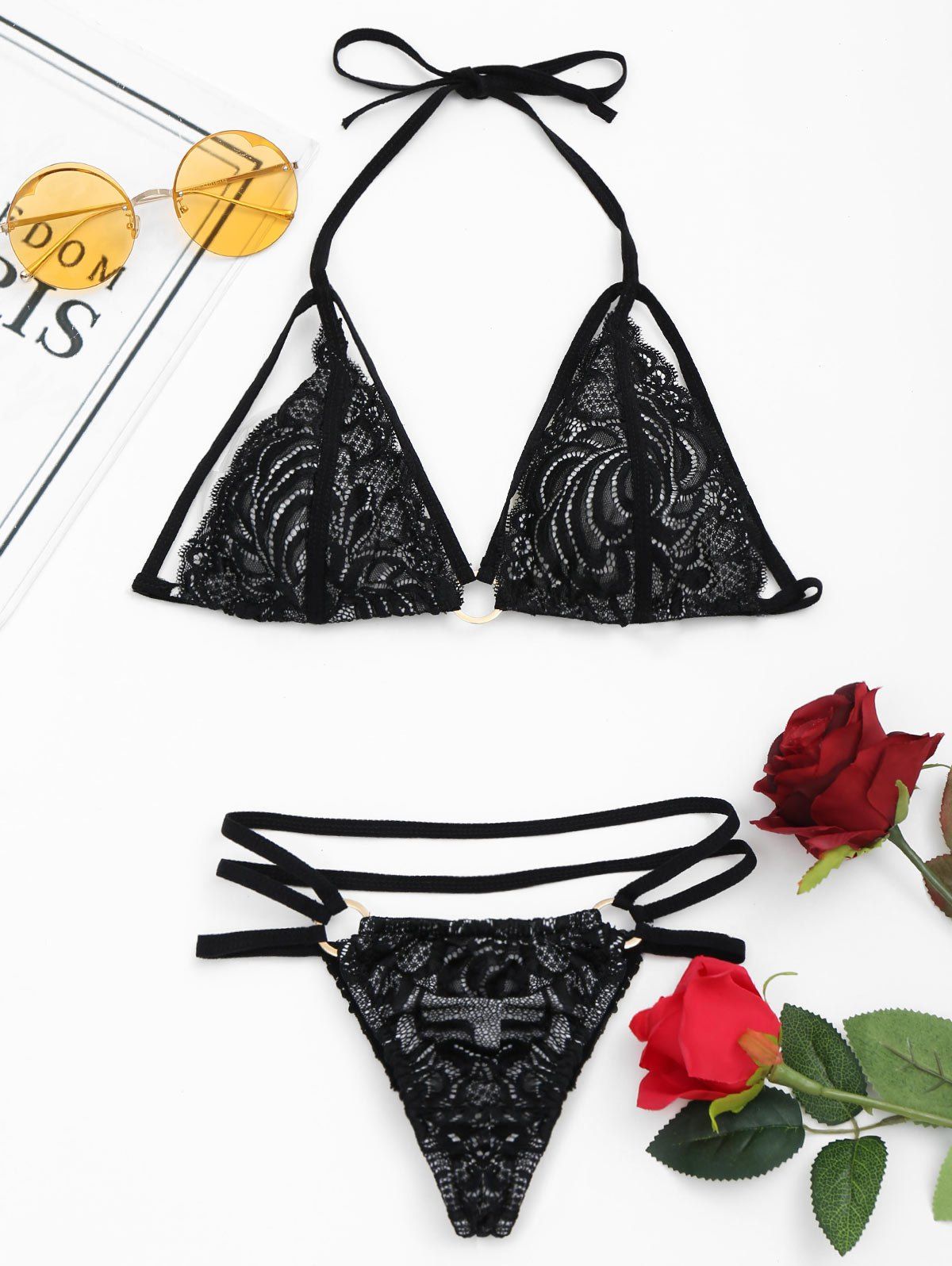 

Halter Caged Lace Panties Lingerie Set, Black