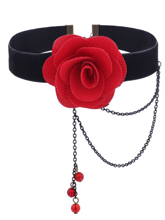 Collier Ras-de-Cou en Velours Motif Fleur et Chaîne Style Gothique - Rouge 