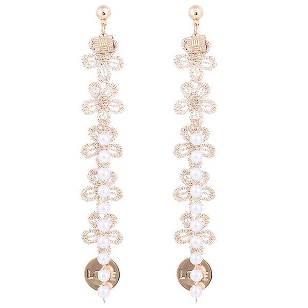 

Faux Pearl Love Engraved Knitted Flower Earrings, Light coffee
