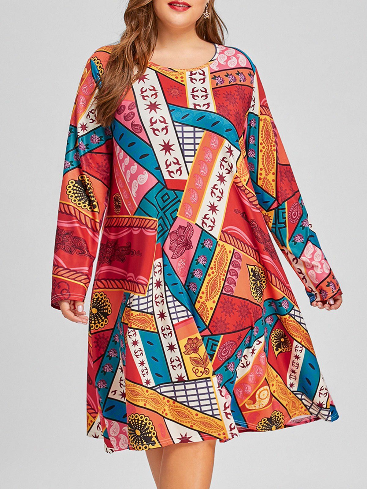 

Plus Size Ethnic Geometric Dress, Colormix