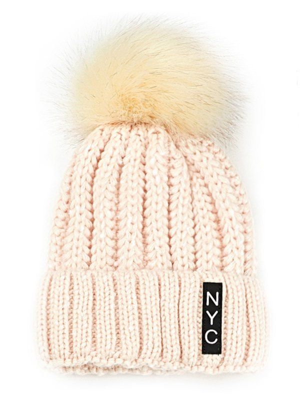 

Letter Pattern Embellished Fuzzy Ball Knitted Beanie, Beige