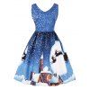 Robe de Noël Patineuse Vintage Imprimé Chalet Neigé et Neige - Bleu Ciel M