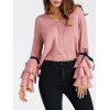V Neck Layered Bell Sleeve Pullover Sweater - PINK L